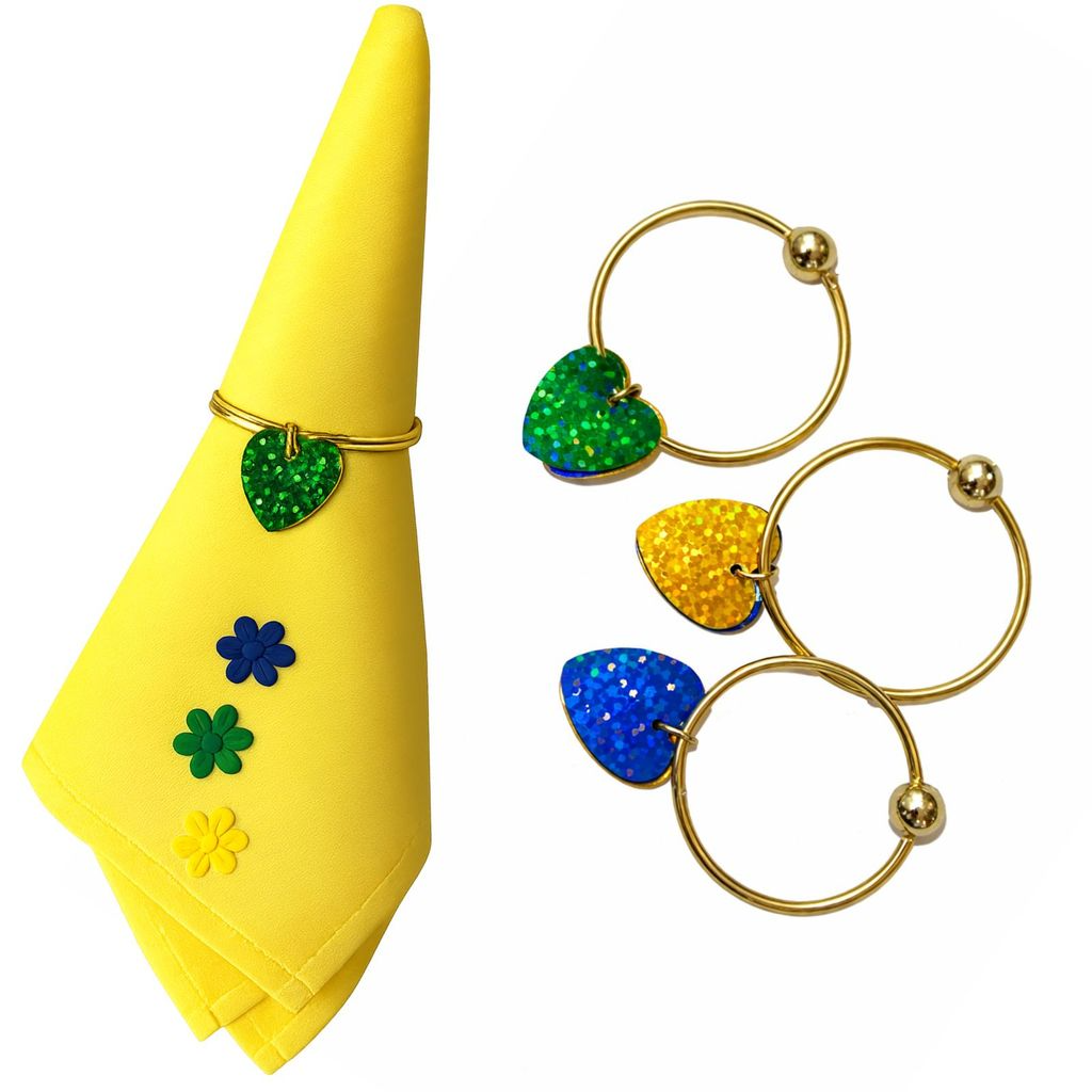 Kit 06 Anel de Guardanapo Para Copa do Mundo Brasil Coração Azul Verde e Amarelo